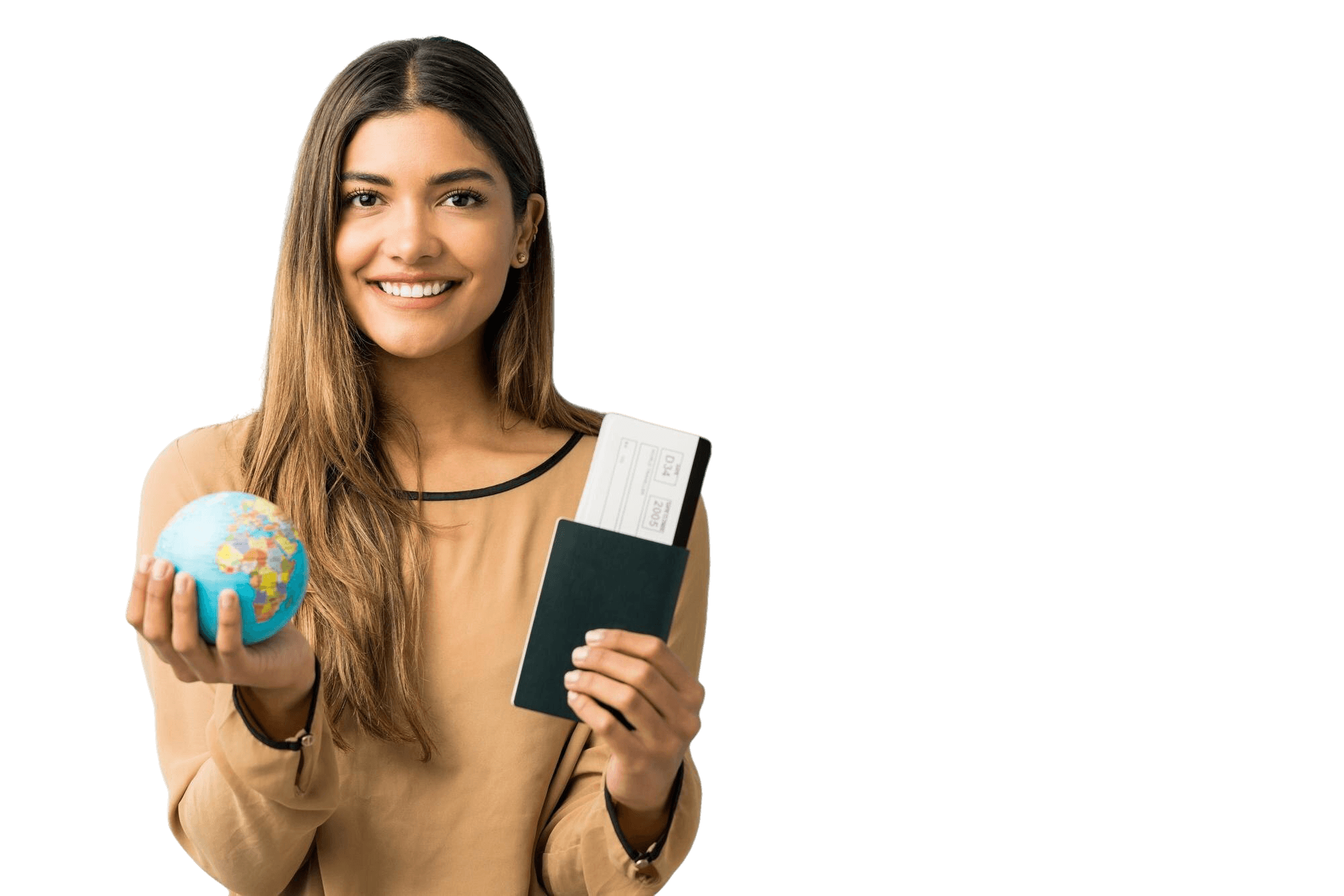 Smiling student holding a globe and a passport